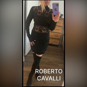 Beautiful vintage inspired Roberto Cavalli knit dress with lace insert.